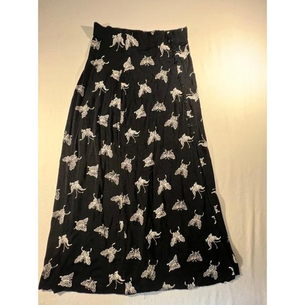 Vintage 90s ES-SE Butterfly Print Slinky Maxi Skirt Black‎ & White Size 6